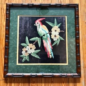 Vibrant Parrot Embroidery in Bamboo Frame